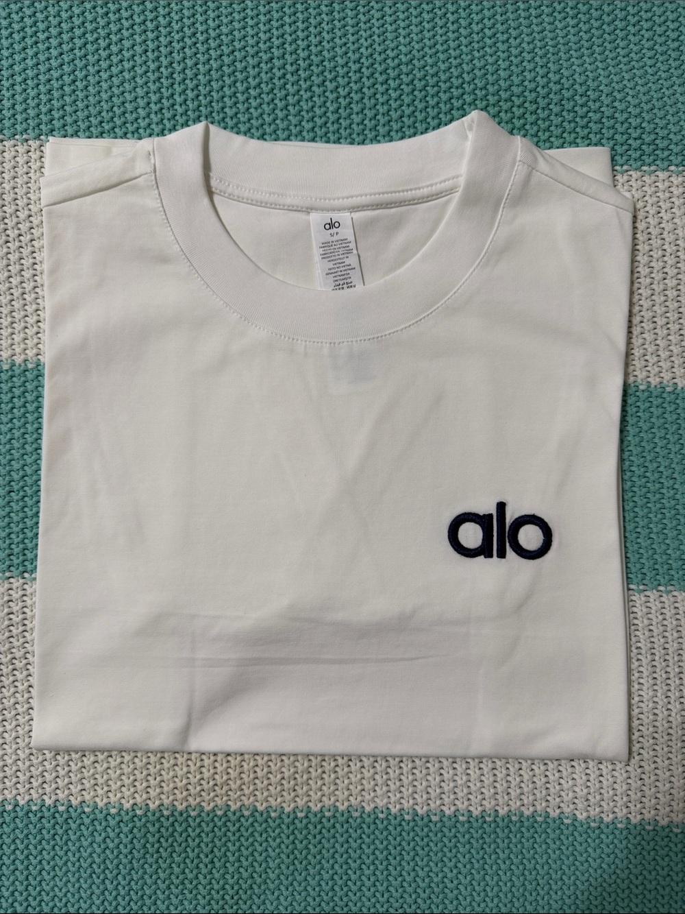 ALO Yoga White Short Sleeve Tee with Navy 'alo' Embroidery